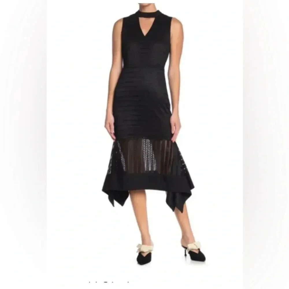 NEW NWT Woman J.O.A. Black Lace Ruffle Hem Sleeveless V-neck Midi Dress Sz XS